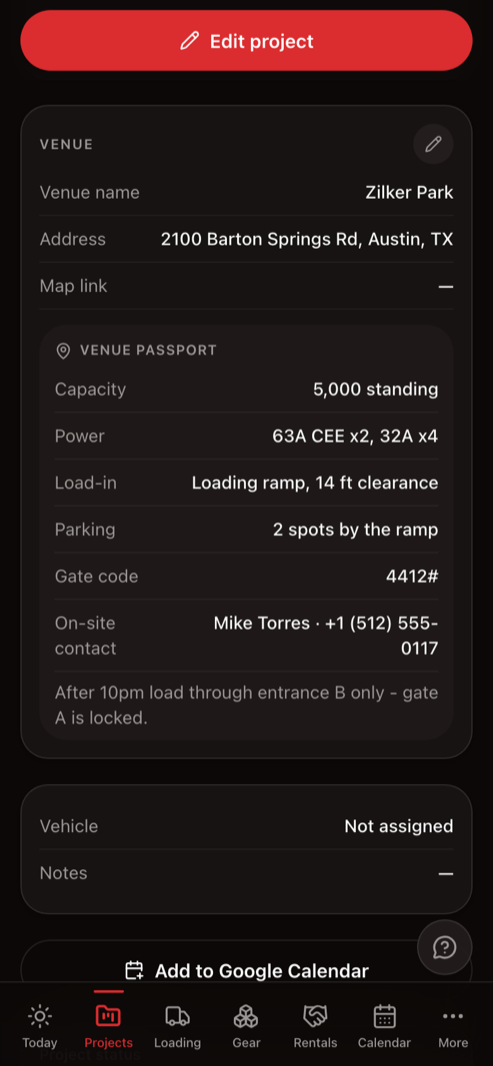 The venue passport screen