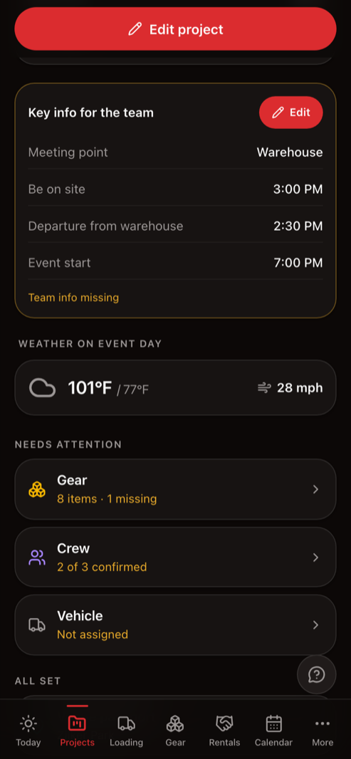 The weather card on a project screen